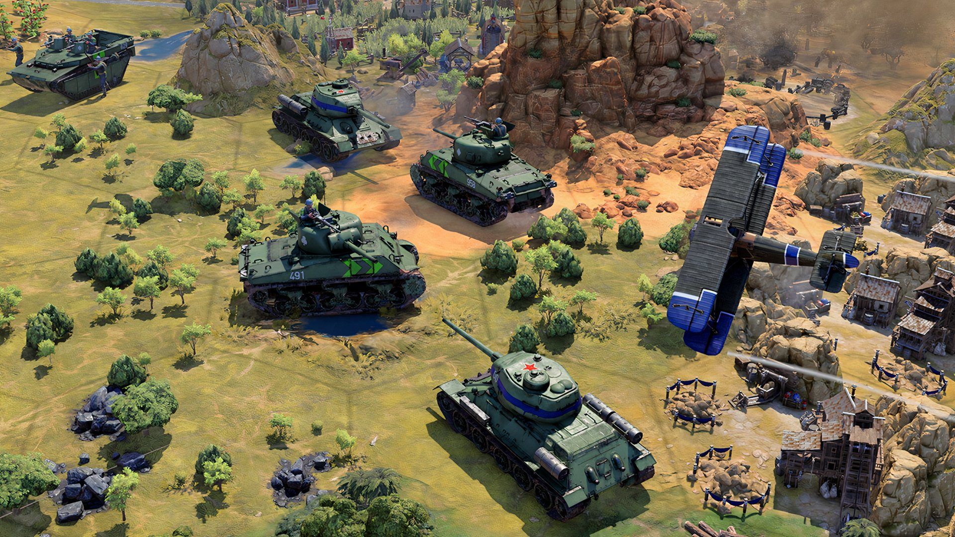 Tanks and a bi-plane in Civilization 7.