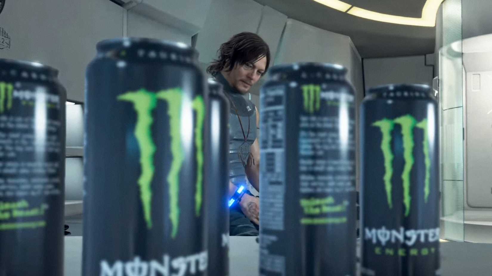 Norman Reedus looking at Monster cans in Death Stranding.