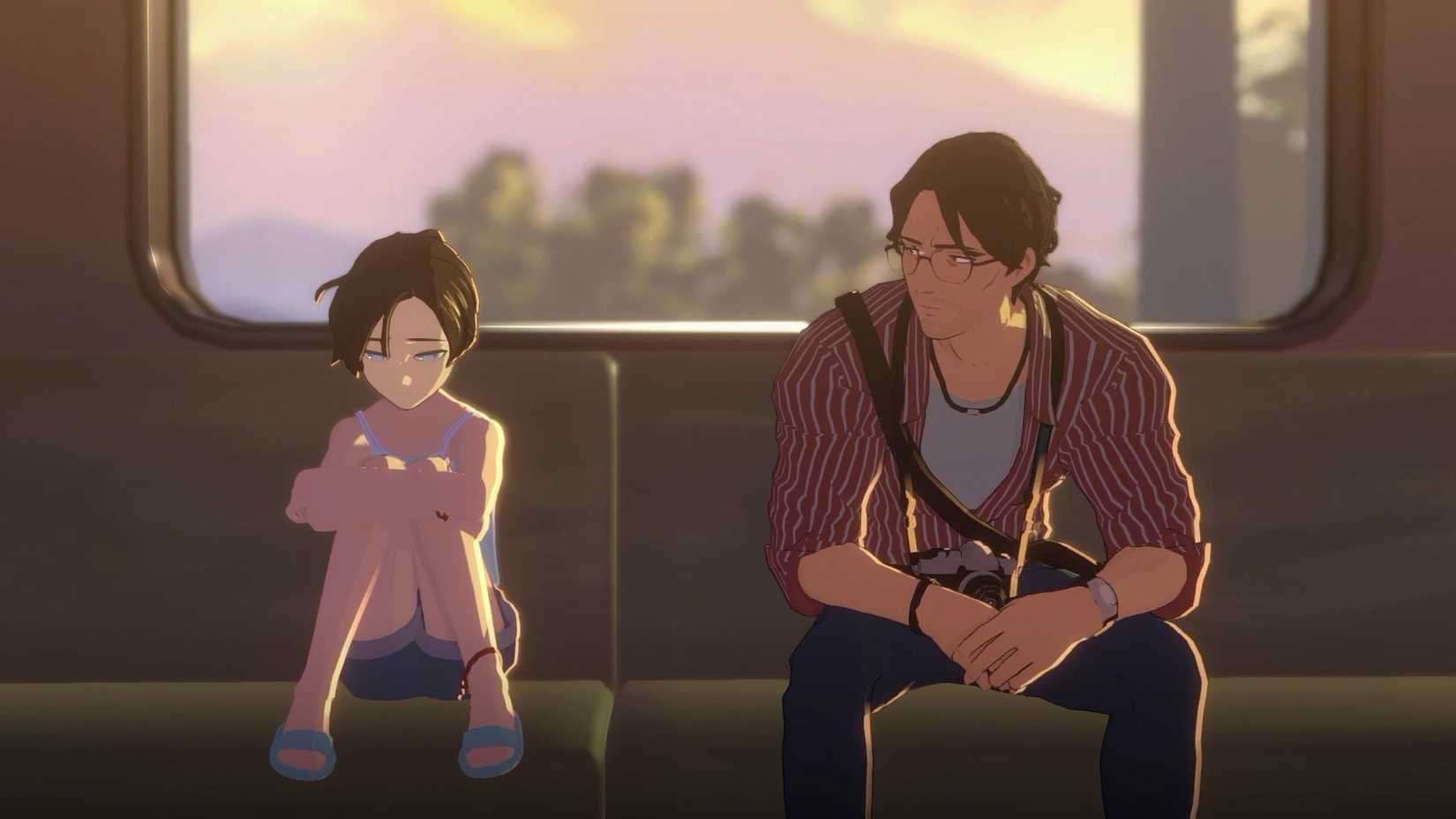 Two main characters are sitting on a train in Opus Prism Peak. 