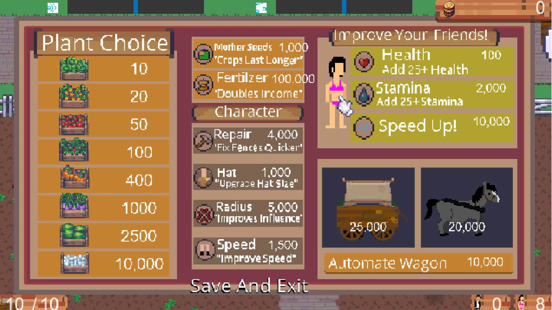 Interface de Plantation Simulator exibindo estatísticas e opções de plantio.