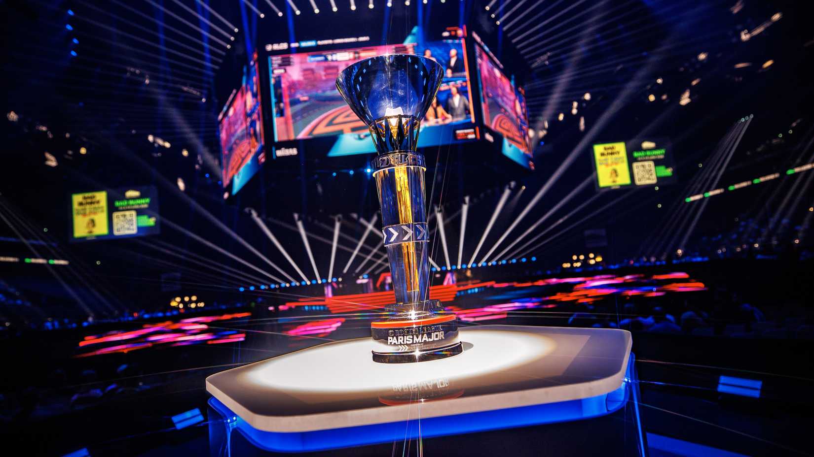 The Rocket League Paris Major trophy sits on its plinth.