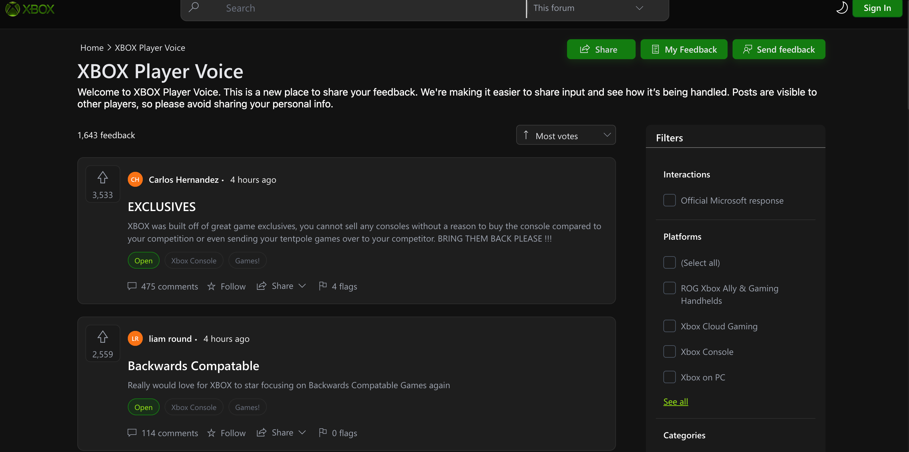Interface do portal de feedback do Xbox