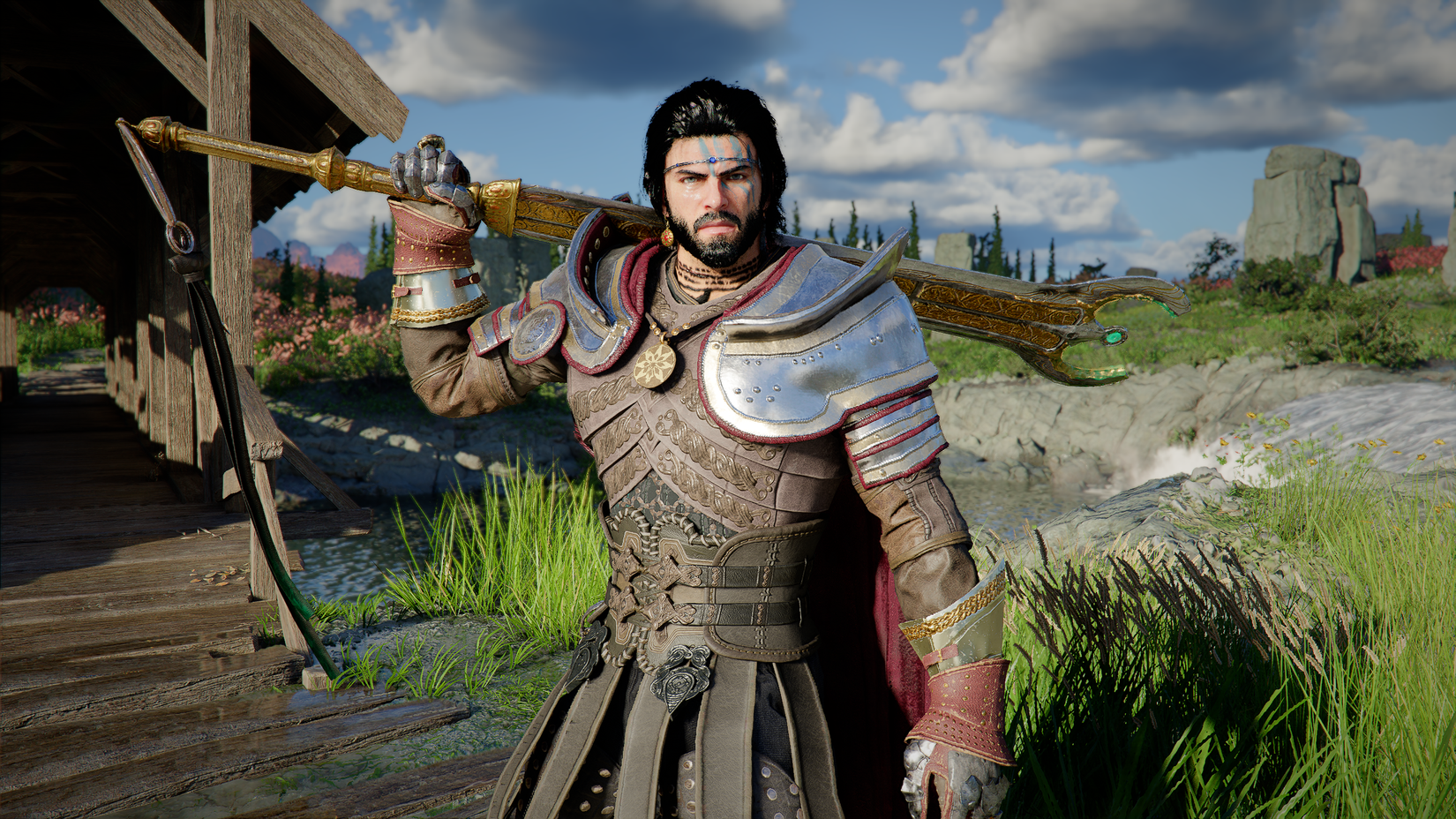 Kliff holding a sword over his shoulder in Crimson Desert.