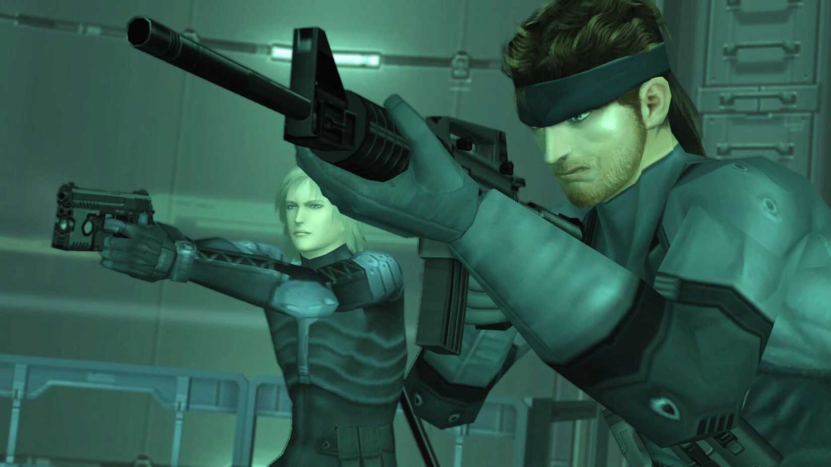 Solid Snake and another soldier point guns in Metal Gear Solid 2 Sons of Liberty.