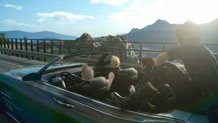 The four main characters of Final Fantasy 15 ride in a car.