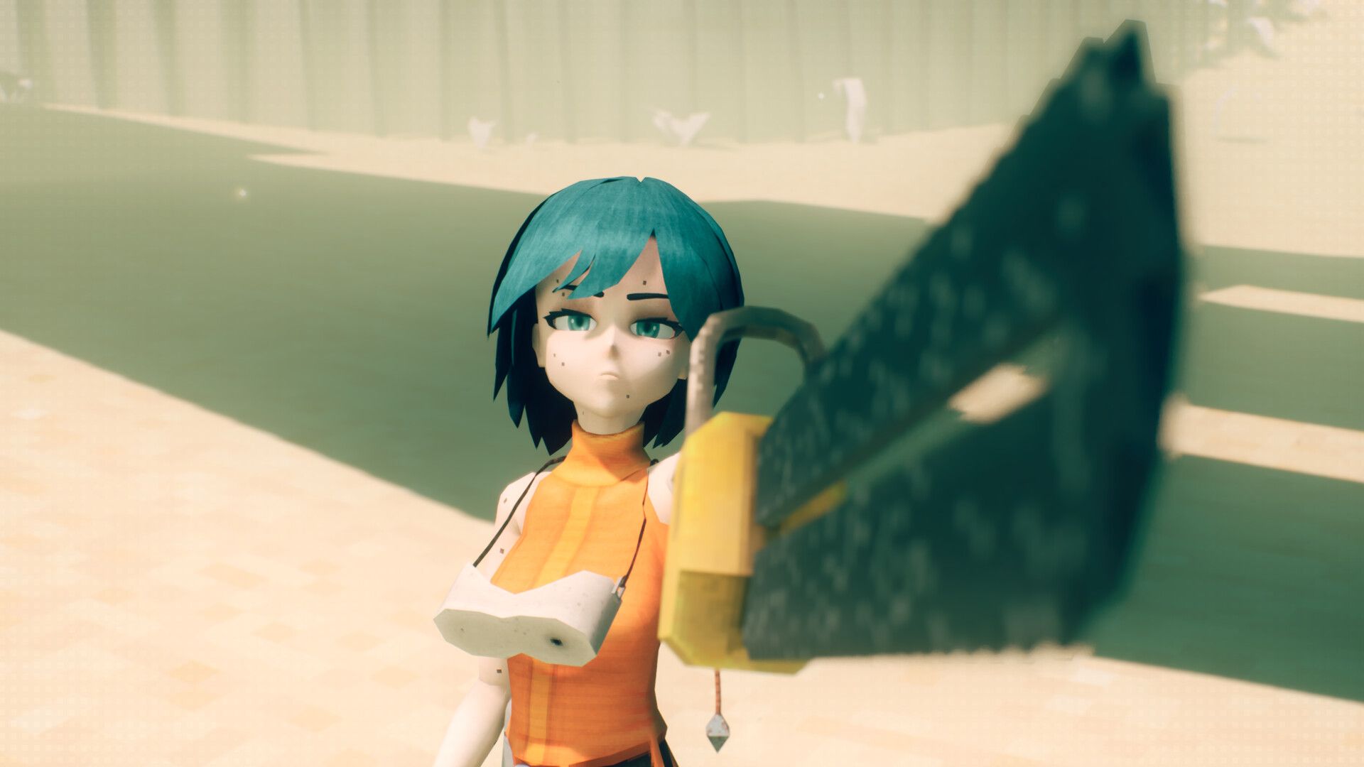 P points a chainsaw at the camera in Motorslice. 