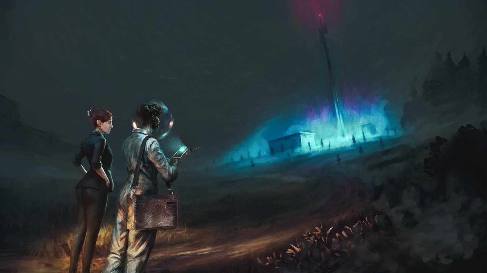 Concept art for Studio Reset's first game, showing two figures walking through a dark night, with a building lit up nearby.