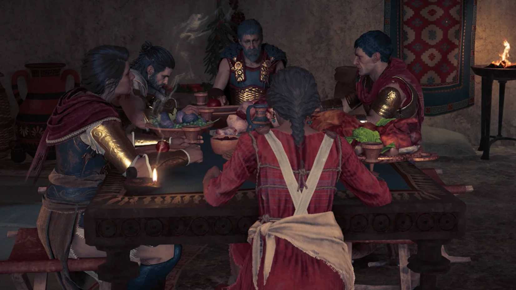 Familjen tillsammans på middag i Assassin's Creed Odyssey.