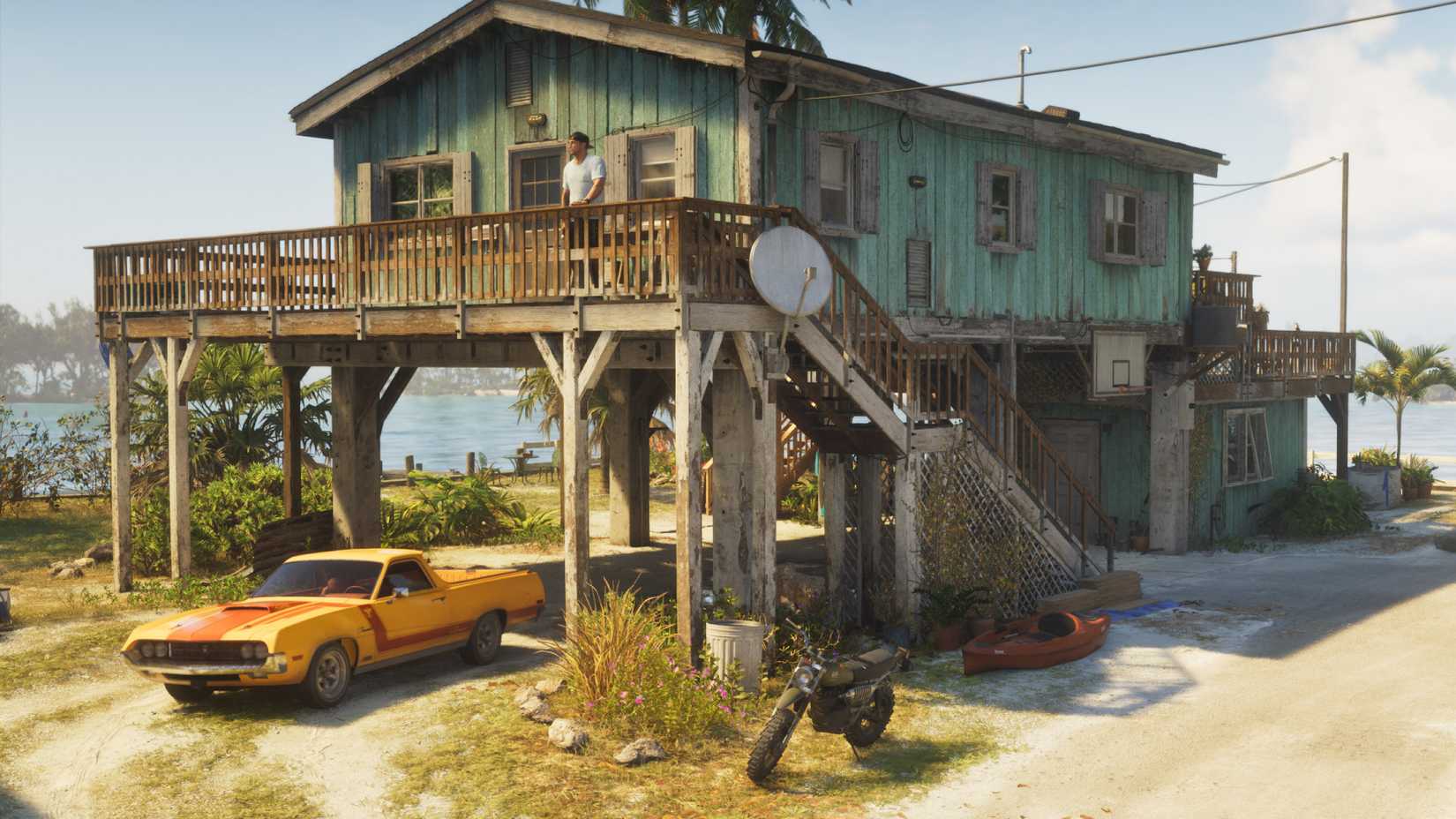 A blue building on scaffolds with cars underneath in GTA 6.