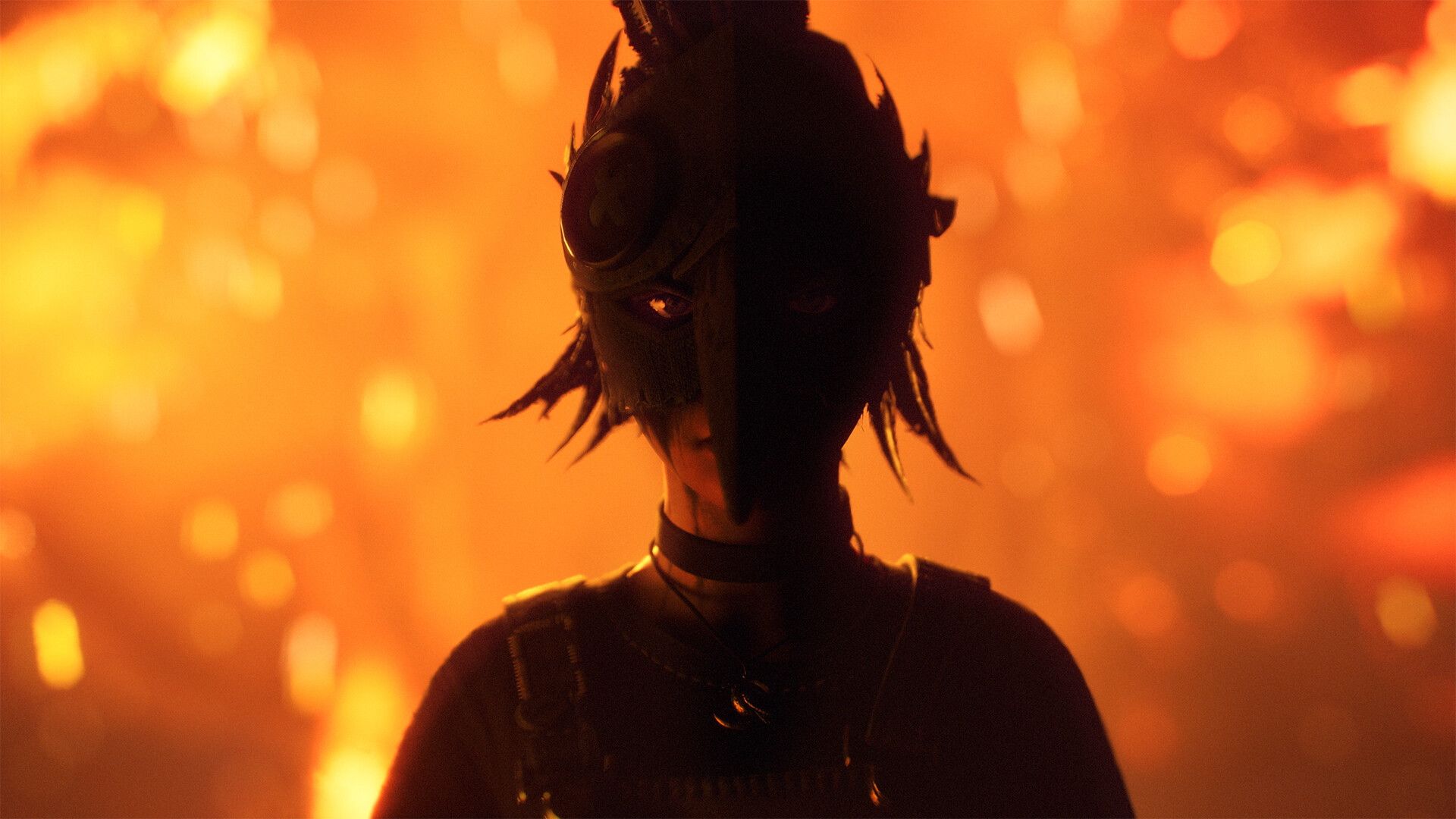 A character from Lost Records wearing a mask and standing in front of flames.