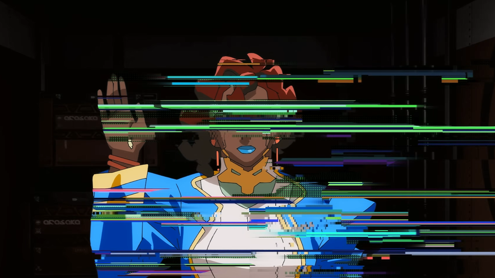 Cyberpunk Edgerunners 2 poster character, hidden by video glitches.