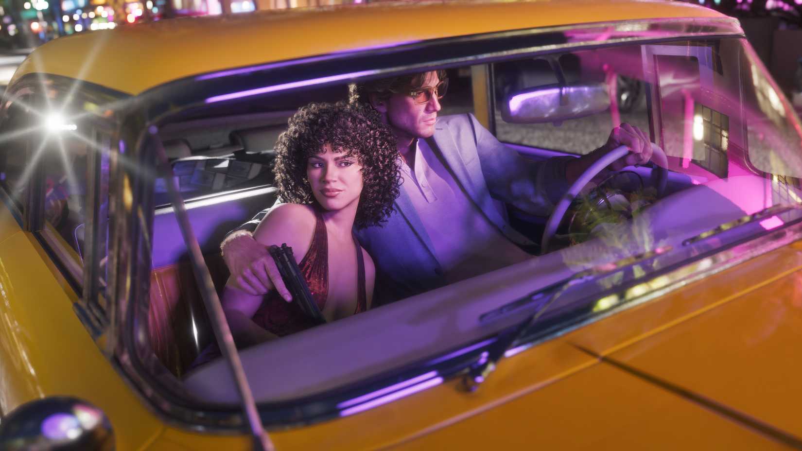 A man and a woman sitting in a yellow car while driving through a city in Grand Theft Auto 6.