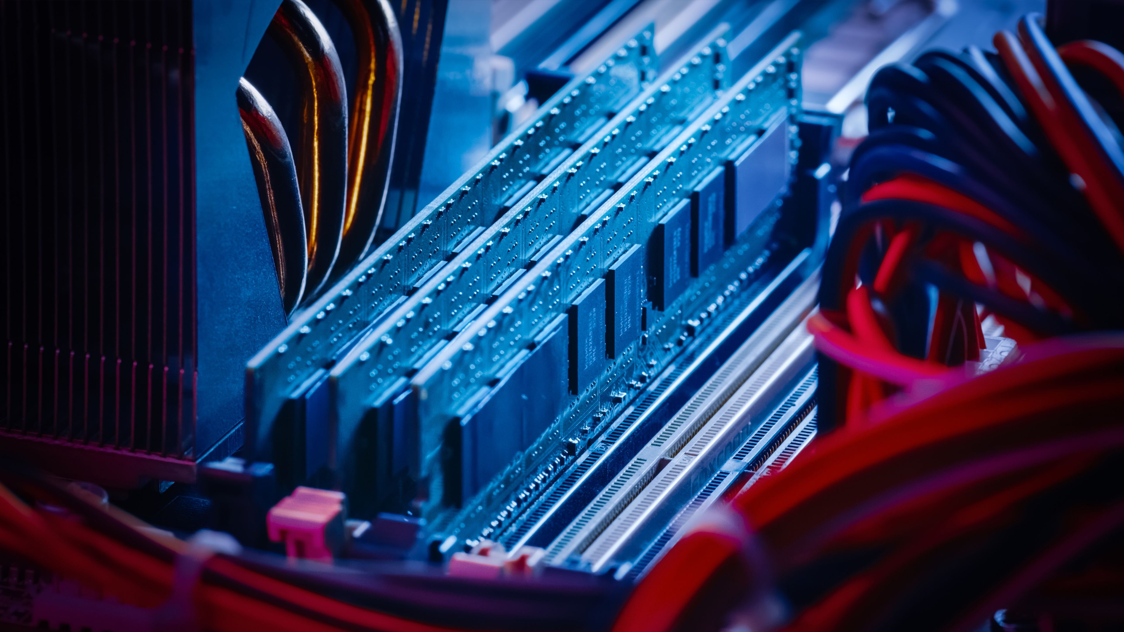 Close-up Macro Shot of Installed RAM Memory in Computer Motherboard Slot.