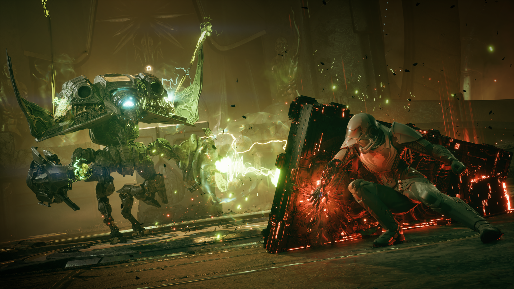 Exodus screenshot showing a character taking cover from a huge, mechanical-like creature in a boss battle.