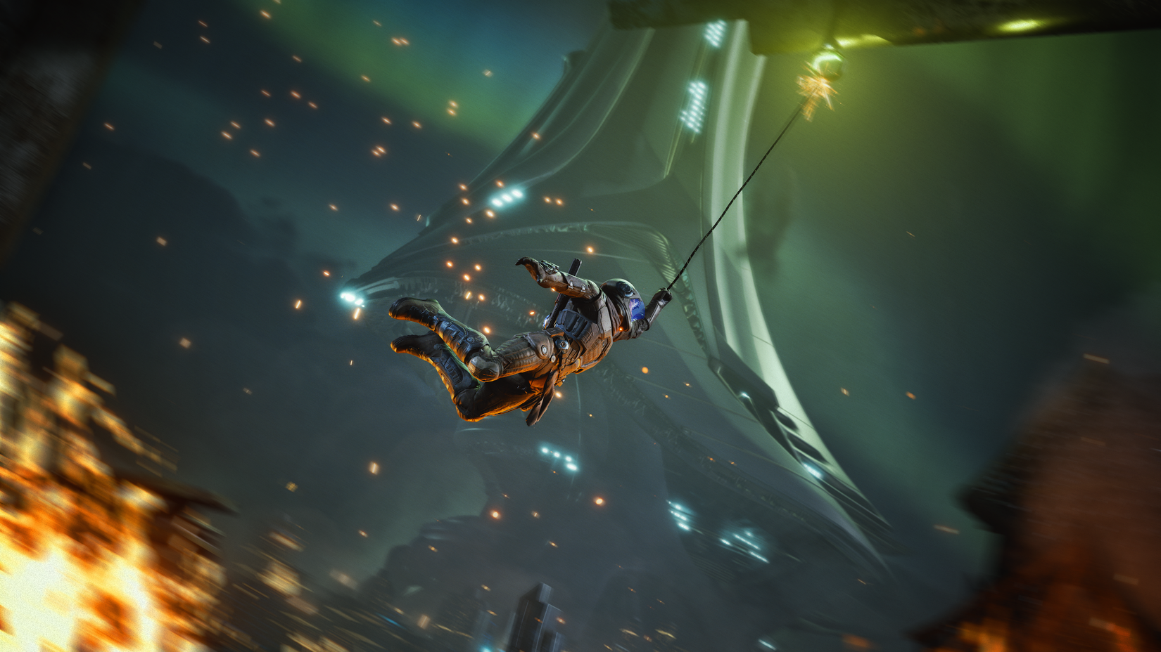 Exodus screenshot showing a character swinging from a grappling hook.