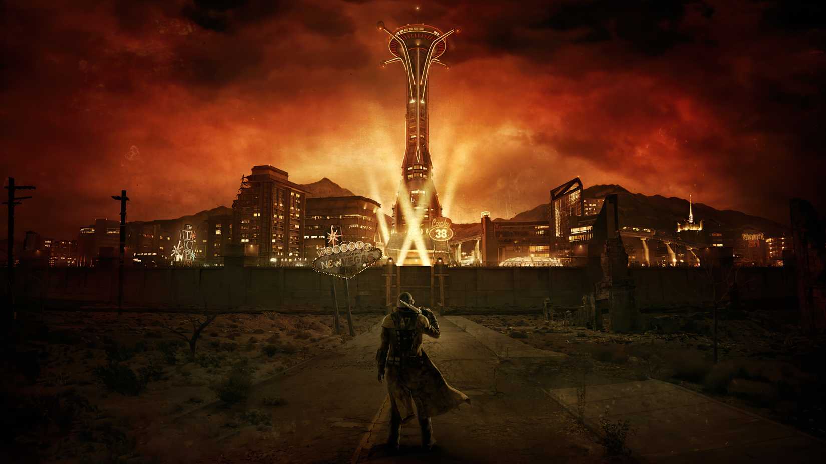 Fallout New Vegas Key Art: Courier approaching the Strip.