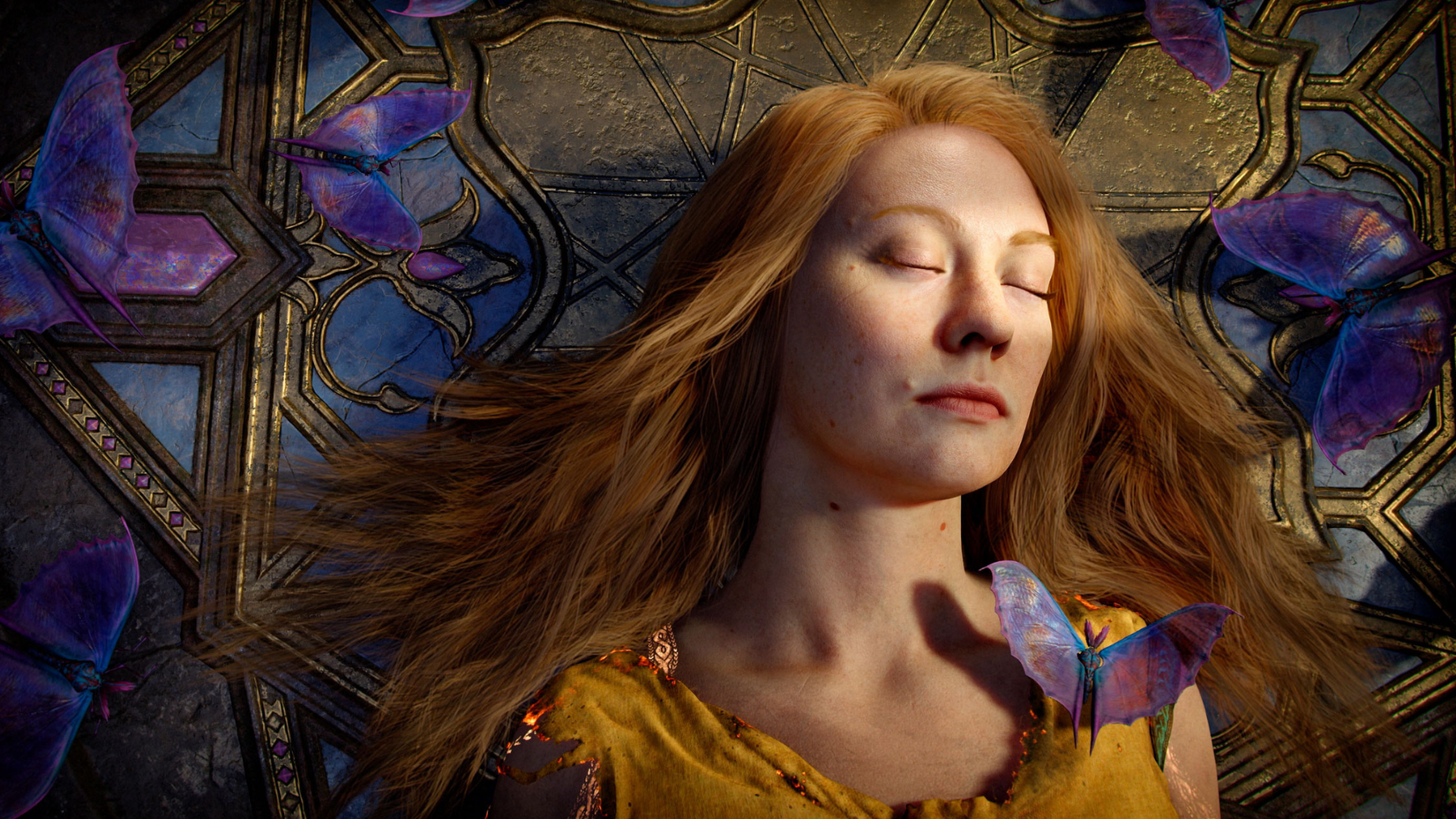 Faye lying down with her eyes closed in the God of War Laufey trailer.