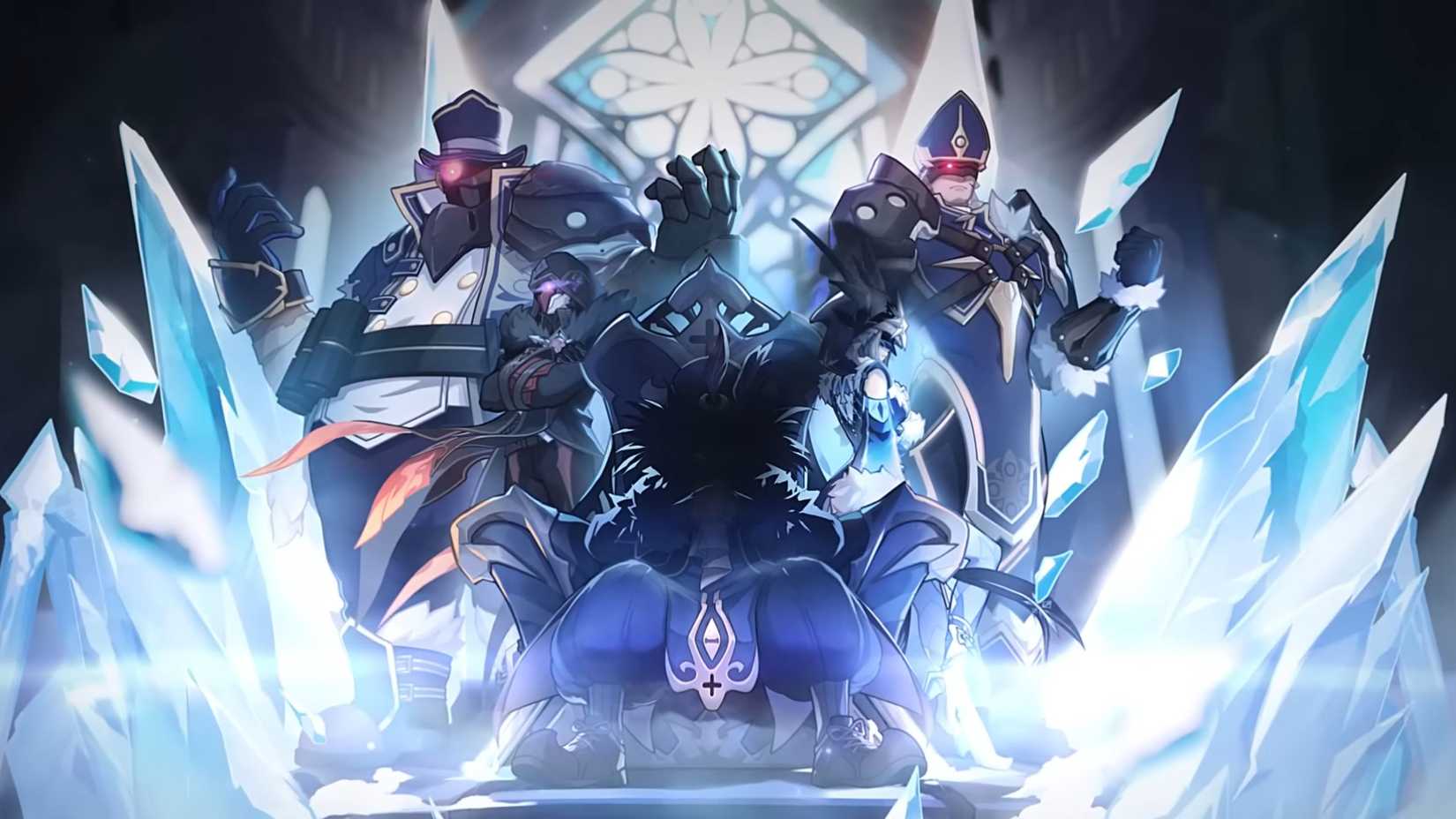 Genshin effect Pulcinella sitting with fatui guard.