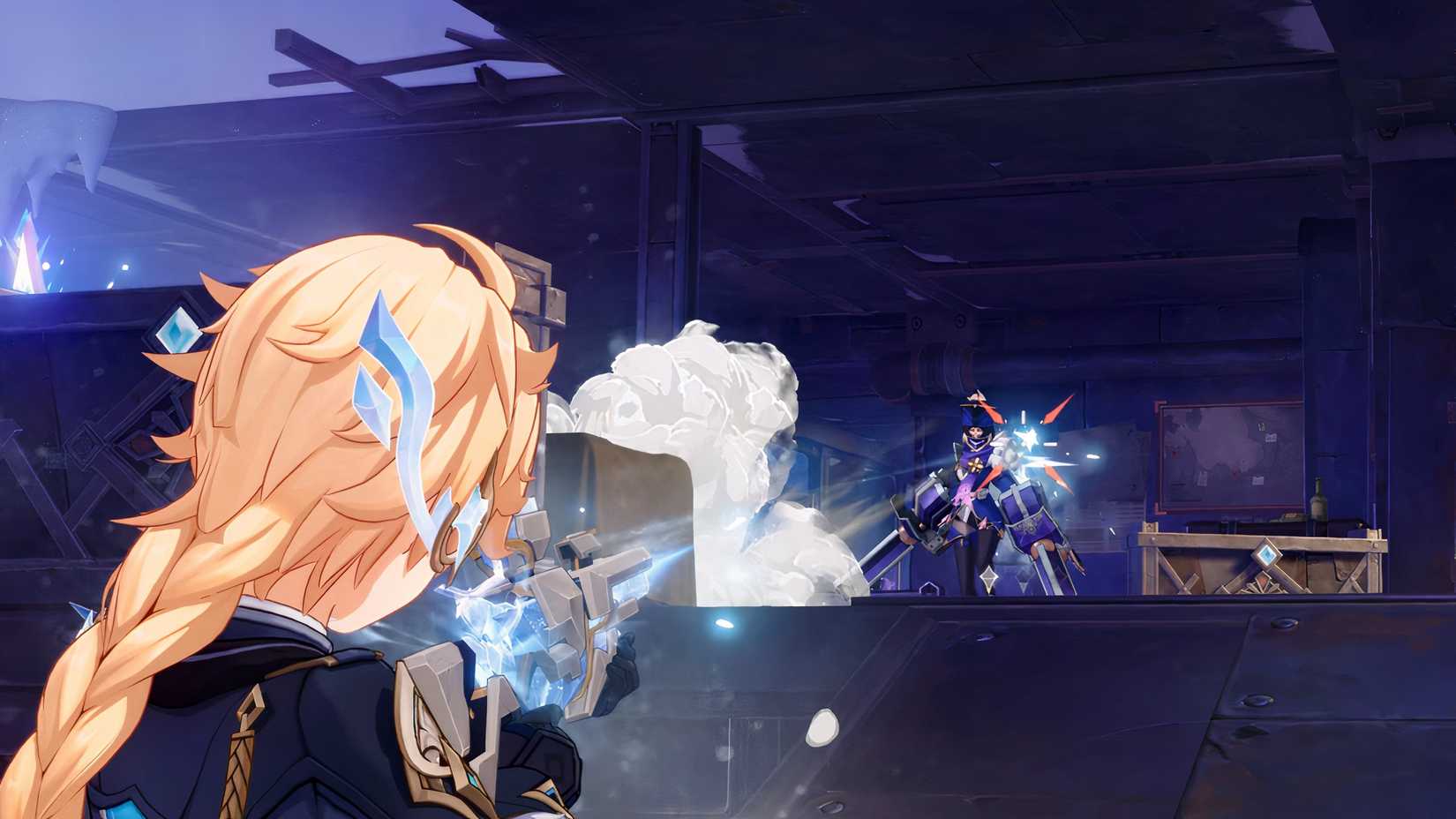 Genshin effect traveler shooting at the enemy.