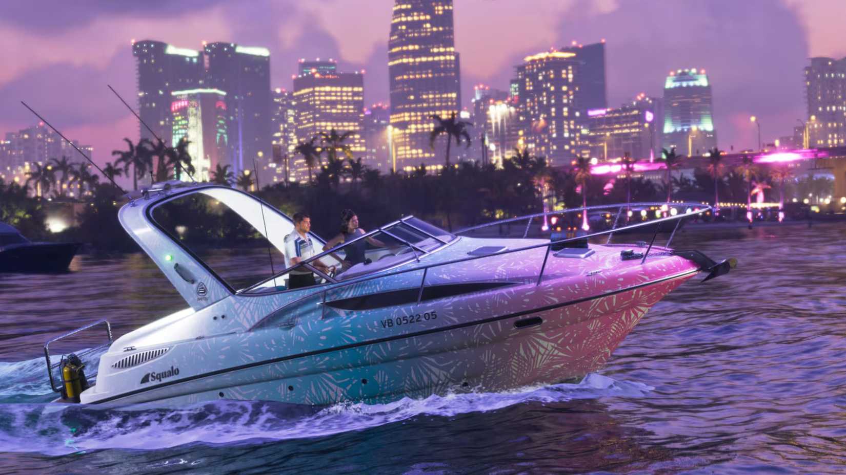 Jason and Lucia taking a boat ride in Grand Theft Auto 6.