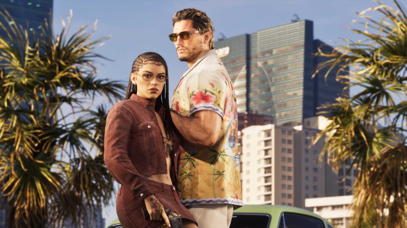 Jason and Lucia standing next to a green car in GTA 6