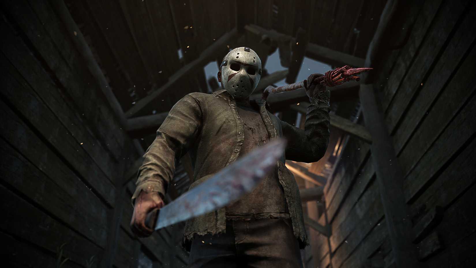 Jason Voorhees looking down at the camera in Dead by Daylight while brandishing a machete.