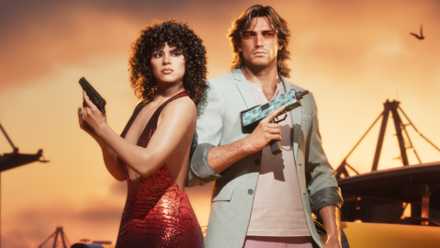 Lucia and Jason dressed in 80's themed outfits in GTA 6.
