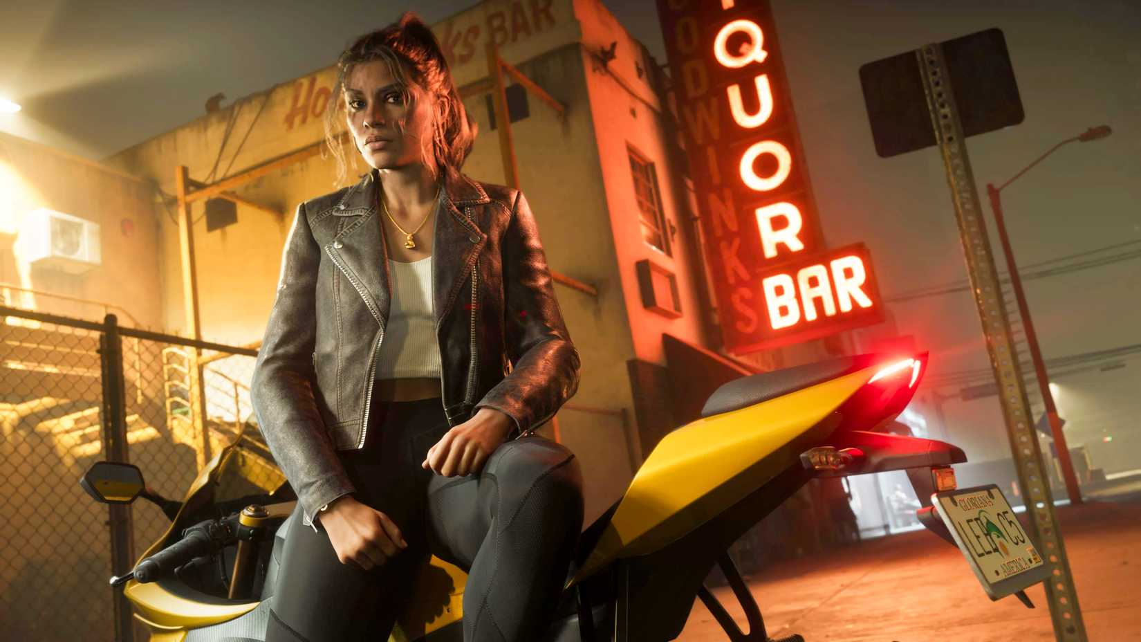 Lucia sitting on a yellow motorcycle in front of a bar in GTA 6.