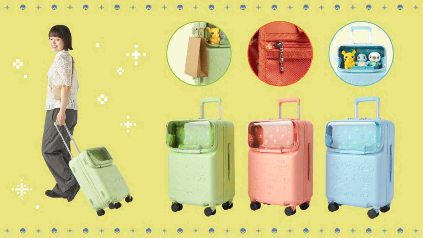 pokemon suitcases with plush displays.