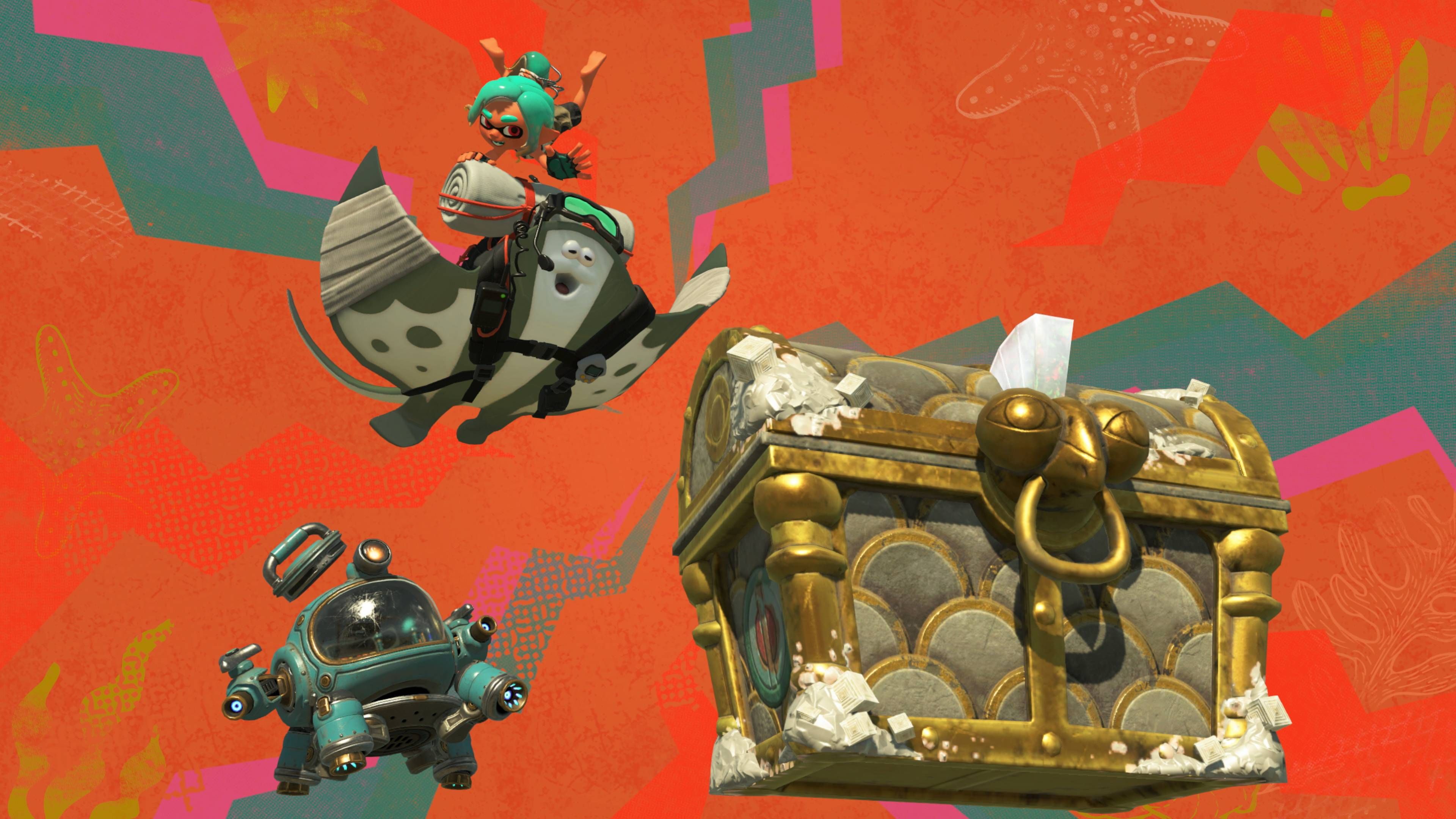 The big man and another Splatoon character flying towards the treasure chest in Splatoon Invaders.
