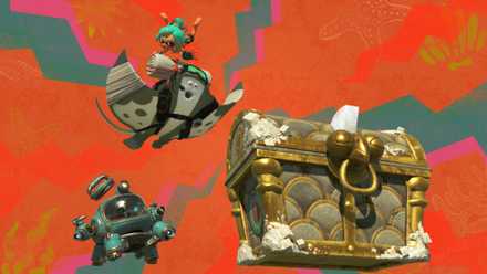 The big man and another Splatoon character flying towards the treasure chest in Splatoon Invaders.
