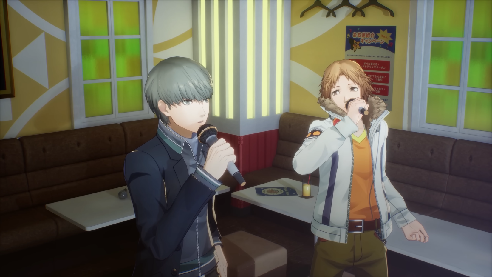 Persona 4 Revival main character and Yosuke singing karaoke. 