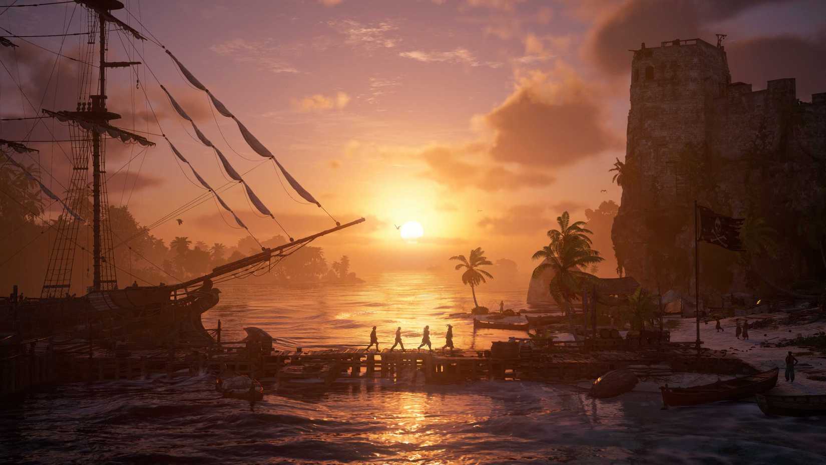 Pirates walking along the docks at sunrise in Assassins Creed Black Flag Resynced.
