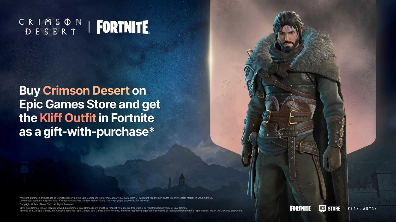 Promotional image for the Crimson Desert Fortnite collab.