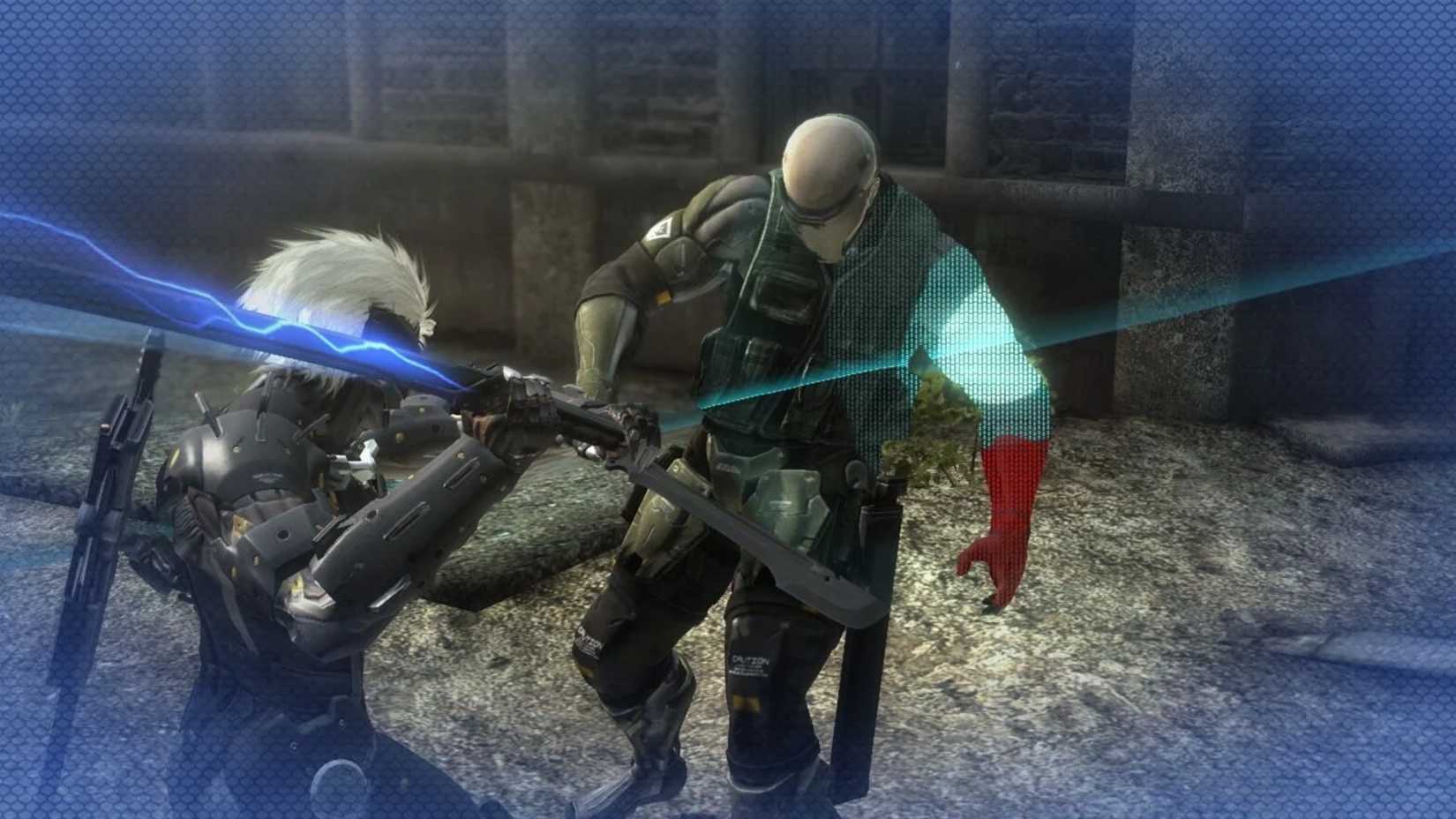 Raiden slashes through his enemies in Blade Mode in Metal Gear Rising Revengeance.
