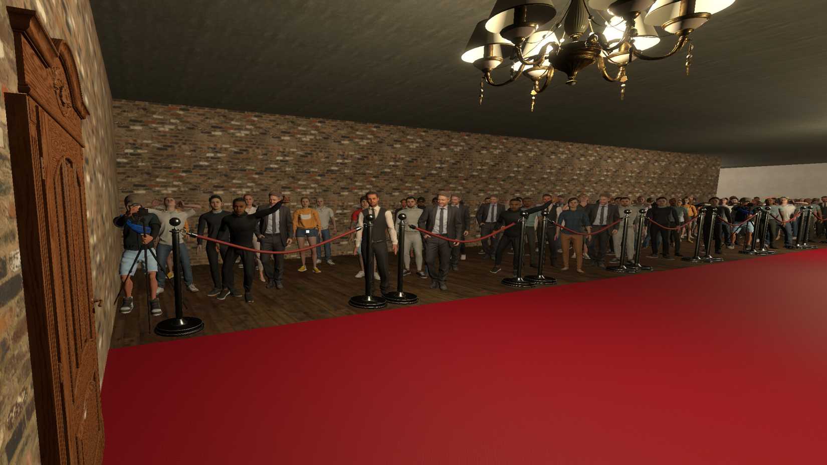 A red carpet in a video game with a bunch of extras standing behind a rope.
