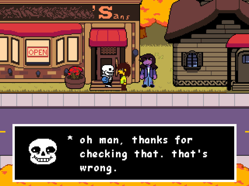Sans in Deltarune, talking to Kris.