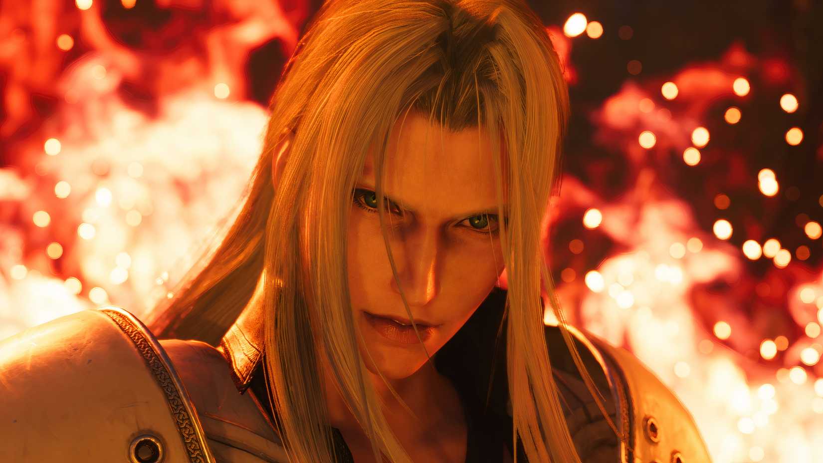 Sephiroth with fire behind him in Final Fantasy 7 Rebirth