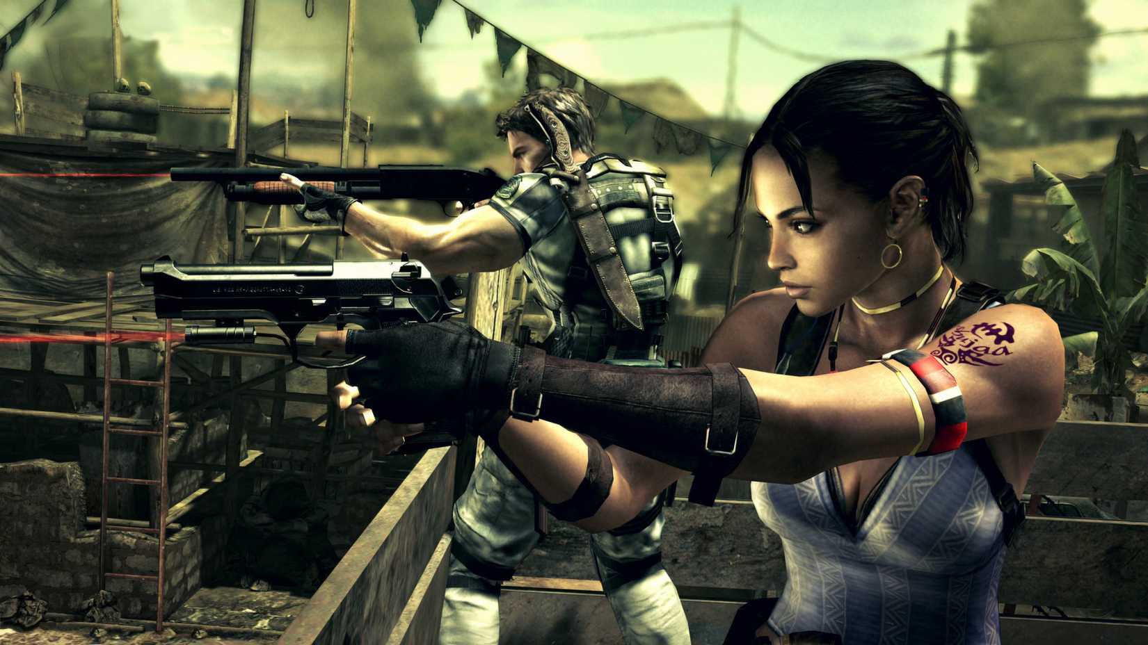 Sheva and Chris pointing guns in Resident Evil 5.