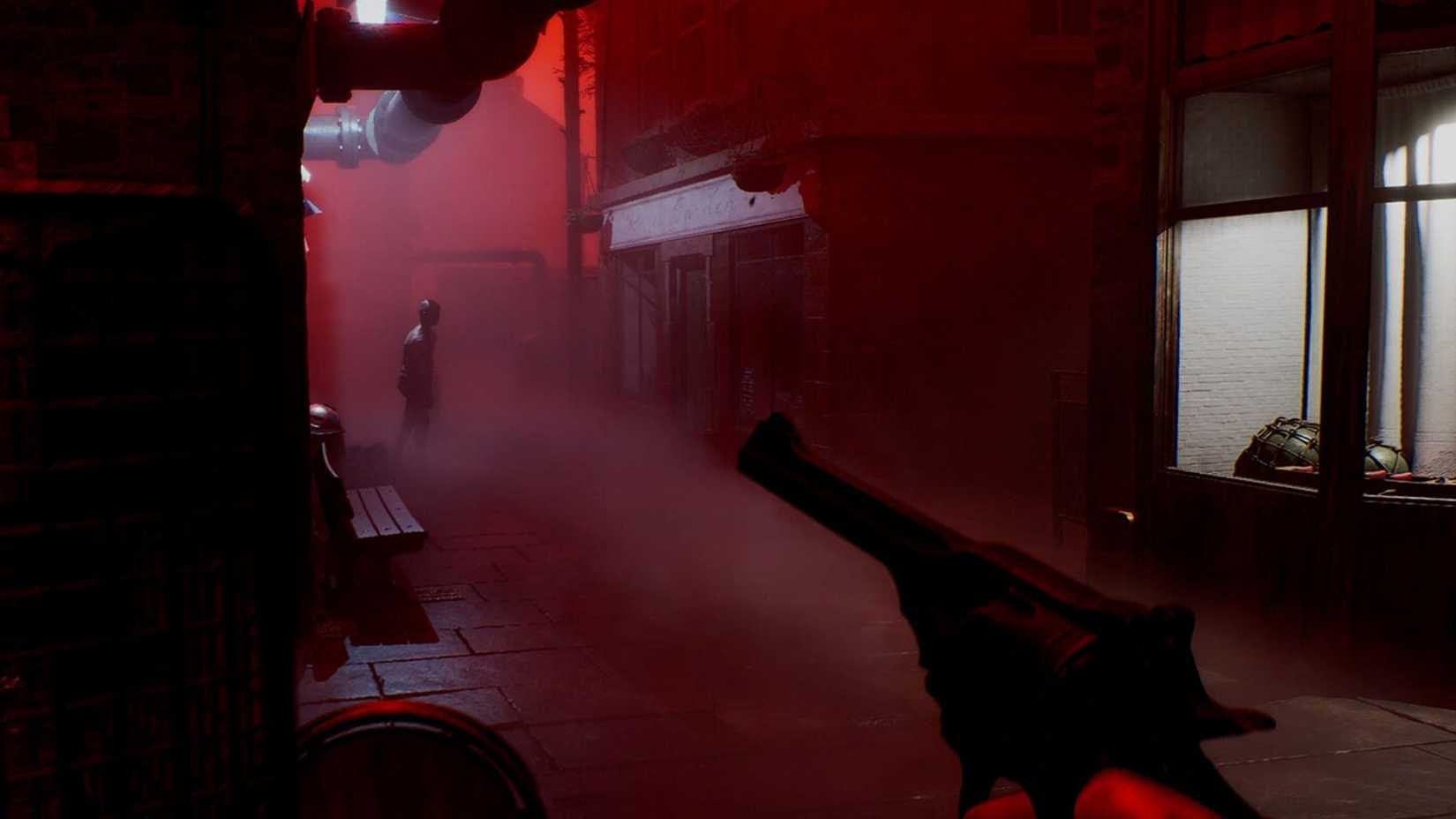 Silent Hill Townfall screenshot showing the player pointing a gun at a character across the street.