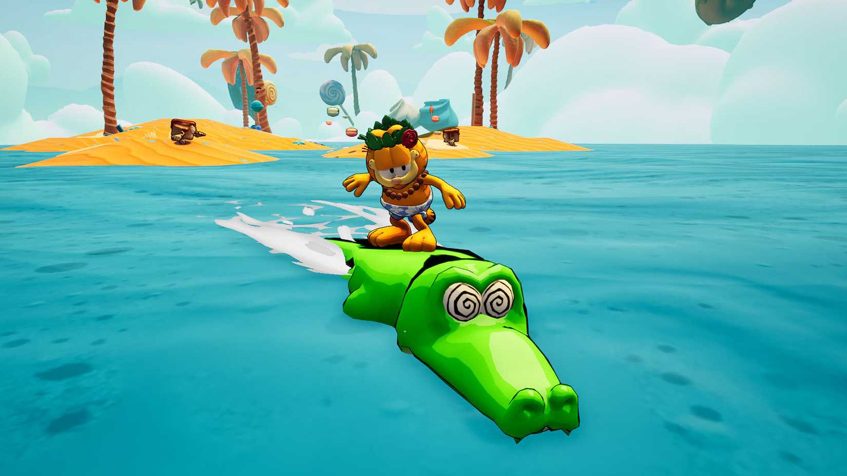 Garfield riding a crocodile. 