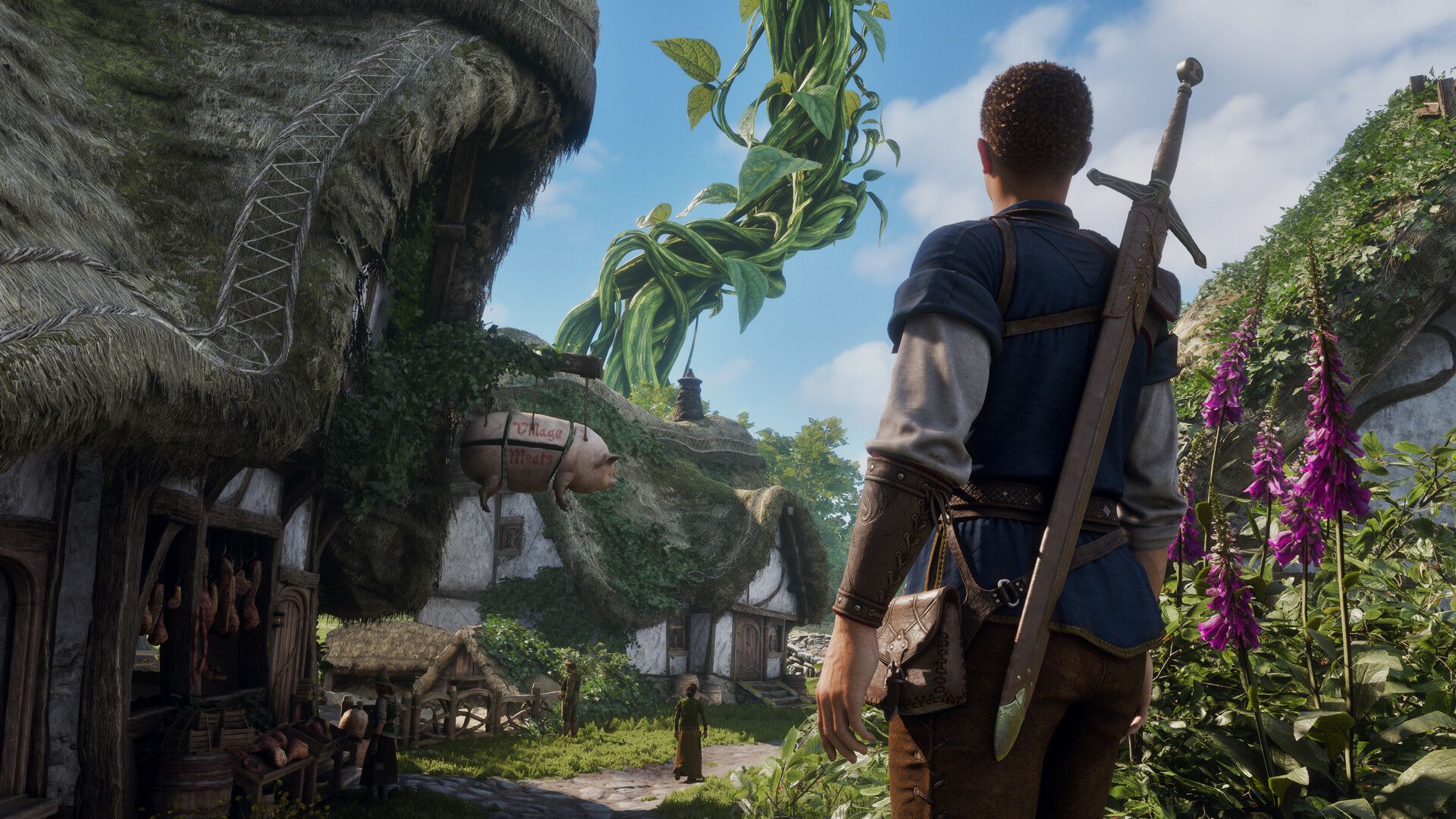 The player character stares at a beanstalk in Fable. 