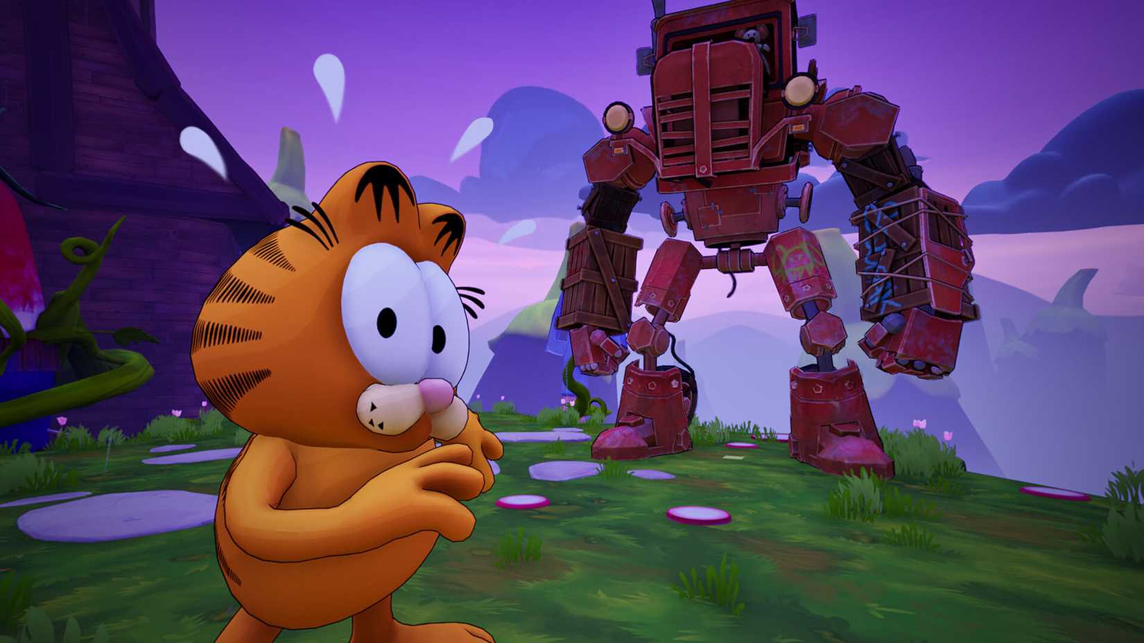 Garfield stands in front of a mech in Garfield: Escape from Monday. 