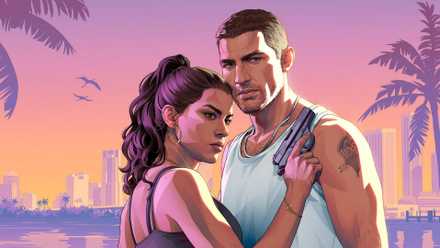 The two main characters from Grand Theft Auto 6 pose against a sunset on the beach.