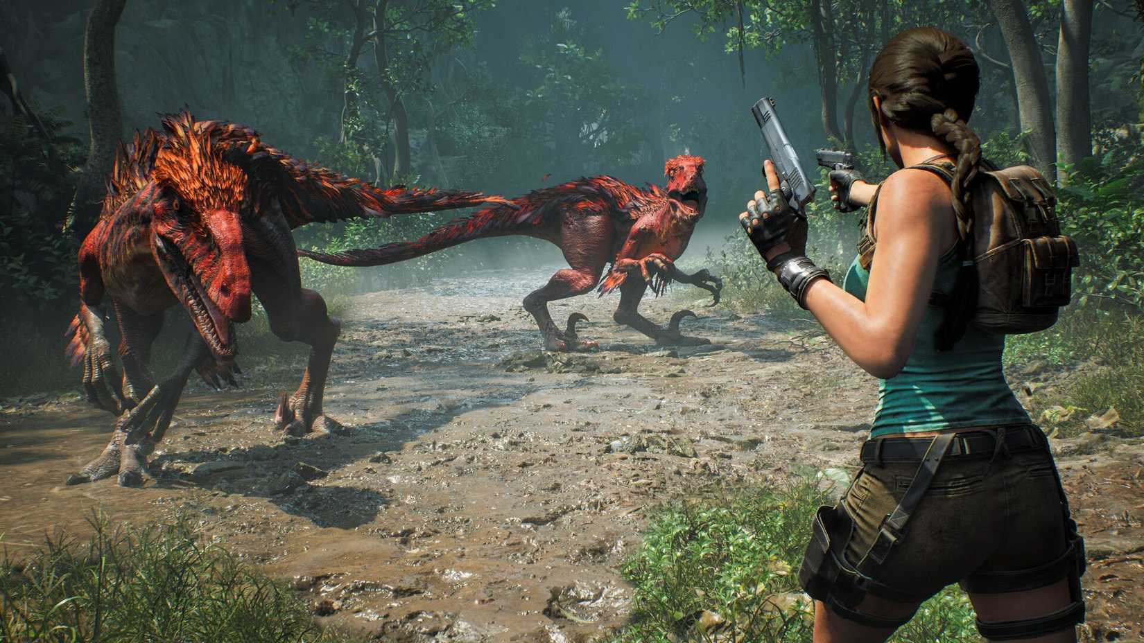 لارا کرۆفت شەڕی دایناسۆرەکان دەکات لە فیلمی Tomb Raider: Legacy of Atlantis.