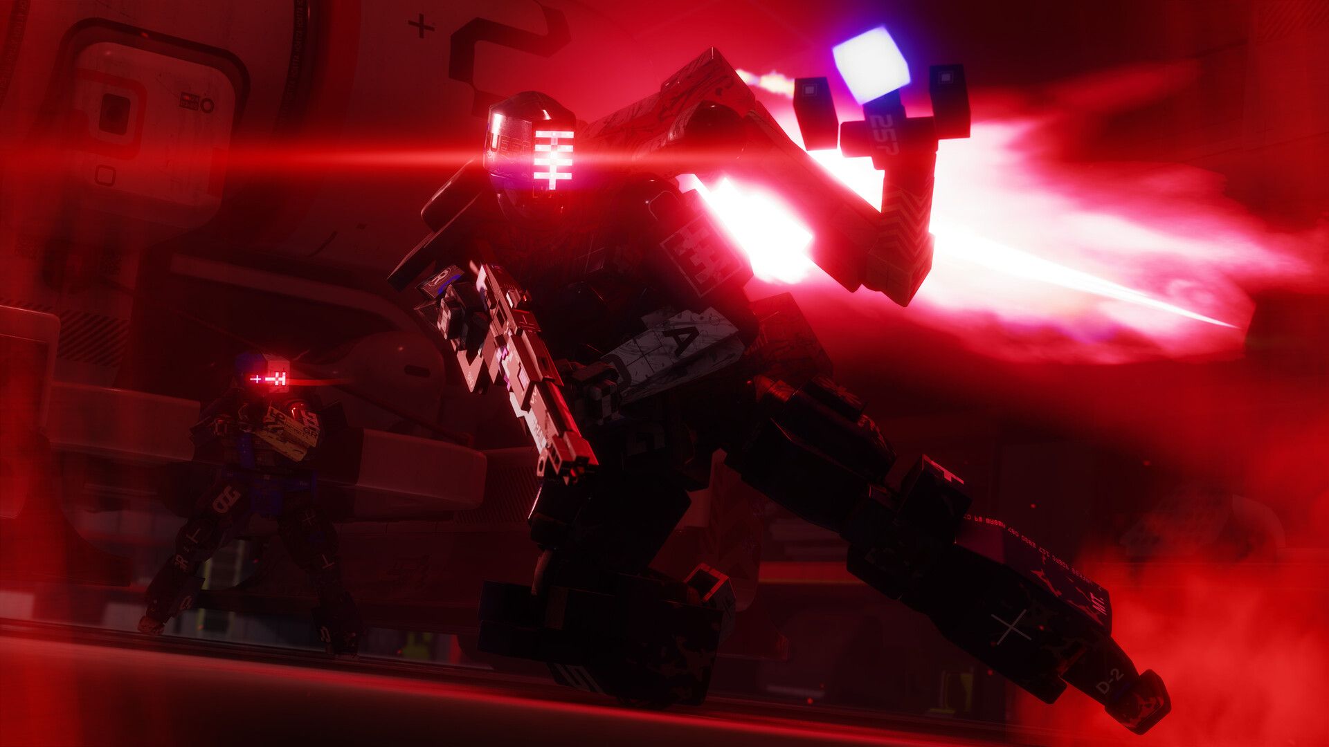two robotic figures in a gunfight in marathon