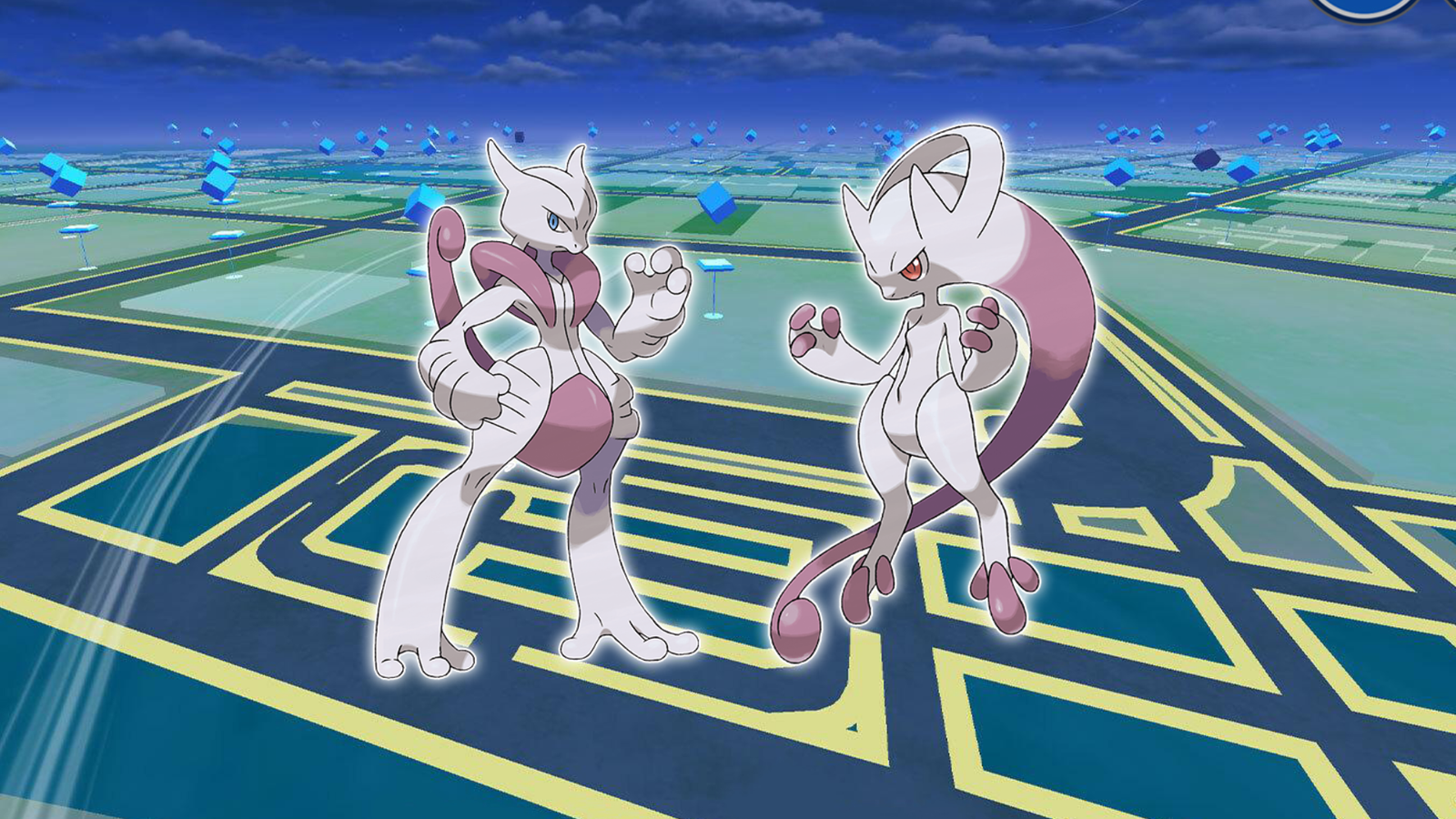 Mega Mewtwo X and Y against a pokemon go Backdrop.
