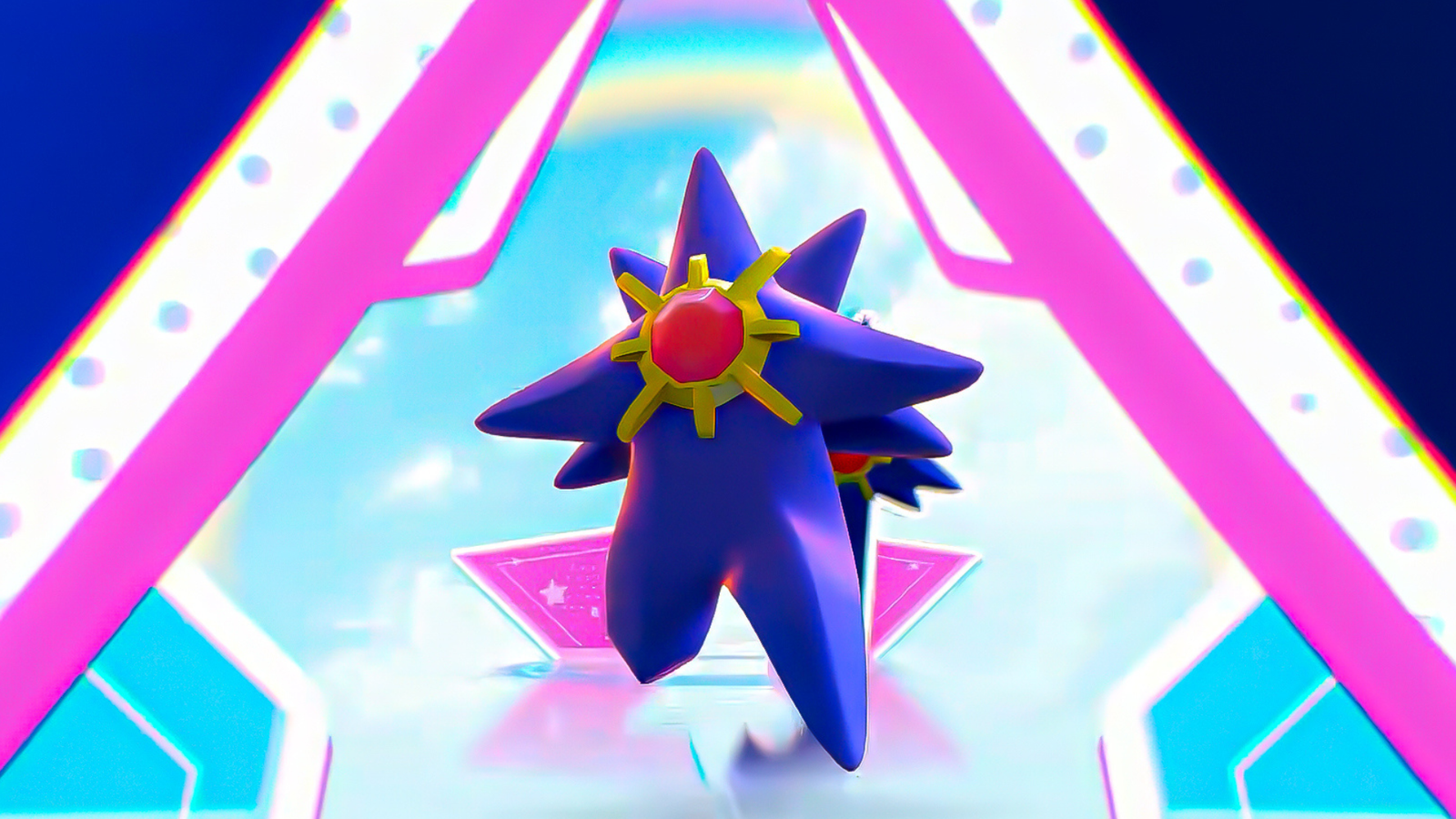 mega starmie running against a busy backdrop.