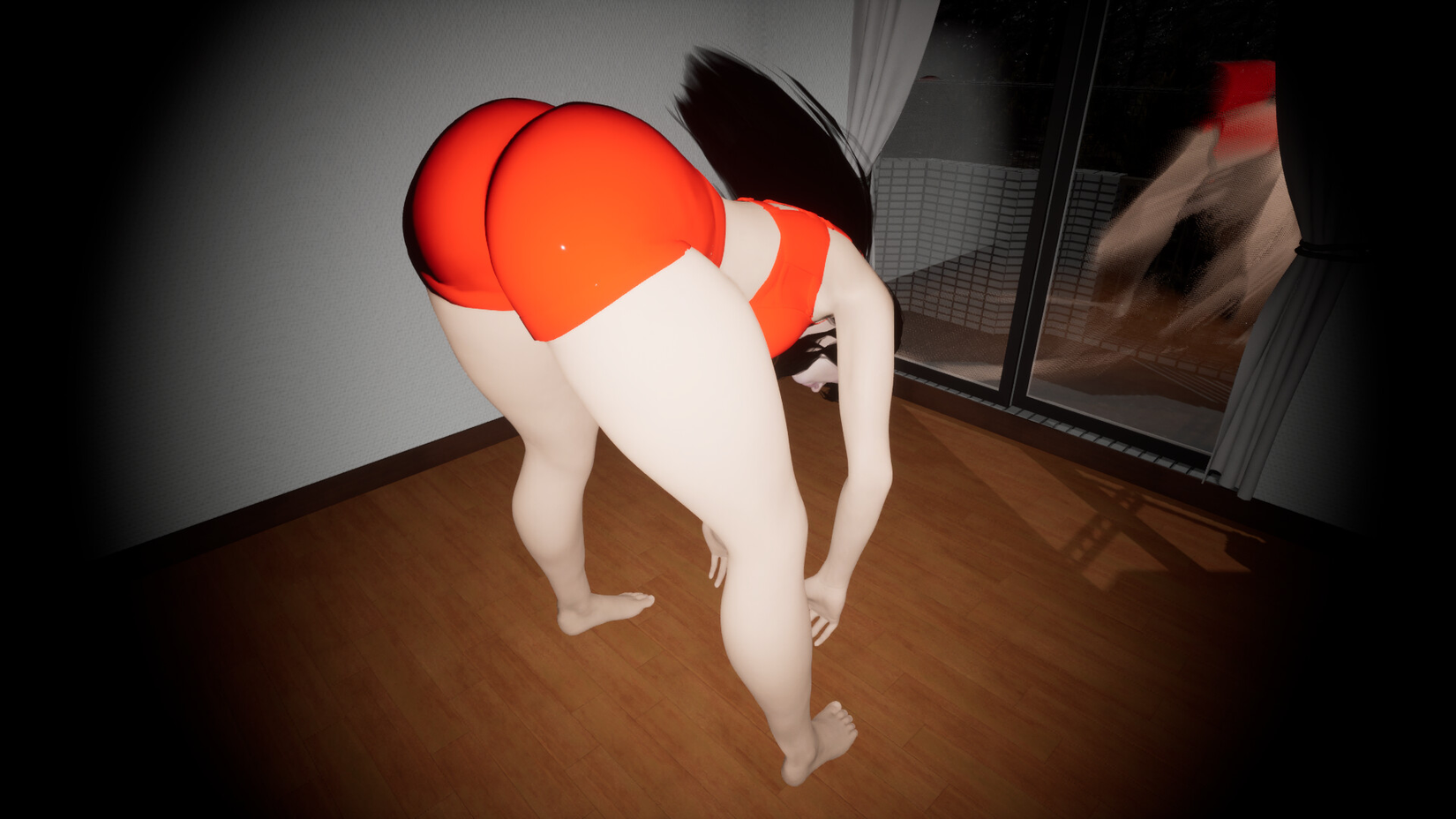 A ghost wearing red gym shorts and a red sports bra.