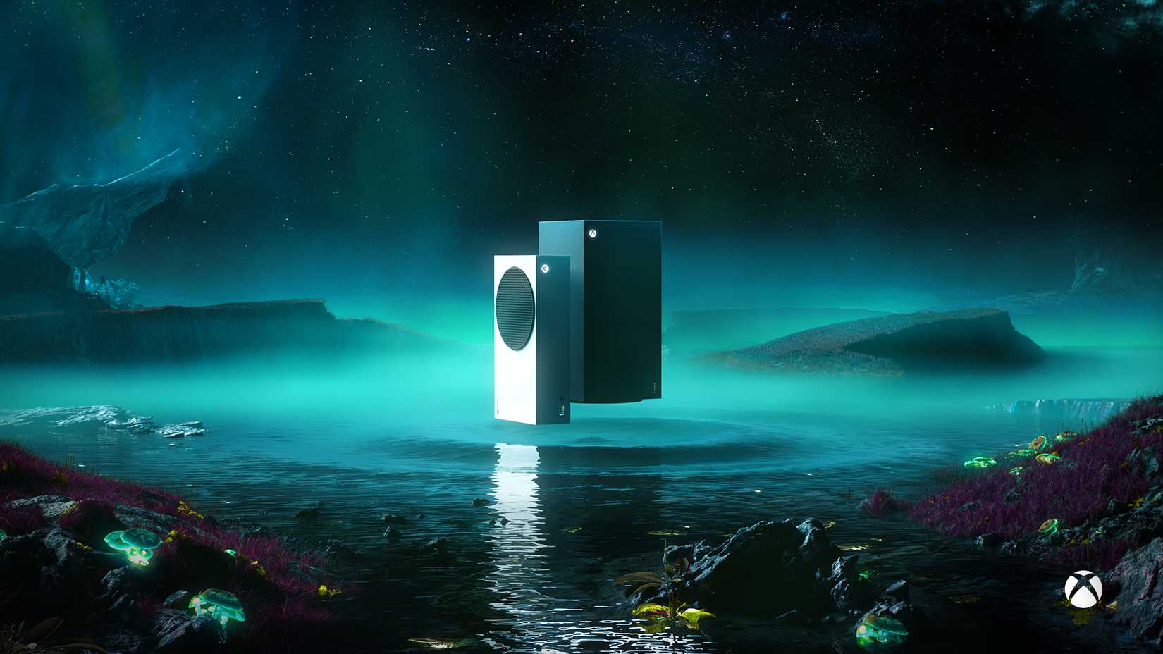 xbox series x and series s hovering over water.